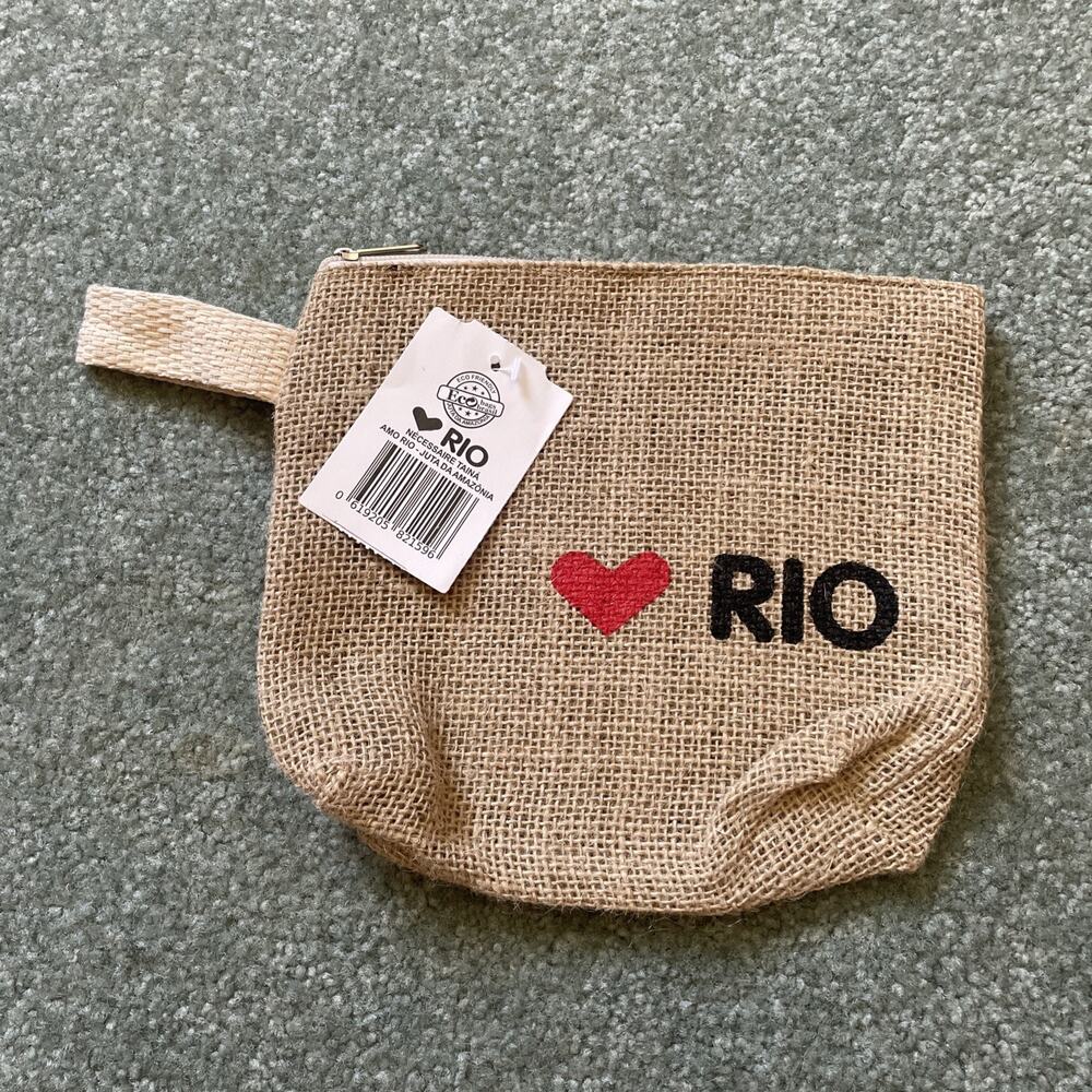 Love Rio Amazon Jute Burlap Bag Makeup Toiletry Cosmetic Zip Pouch Brazil 8x7”